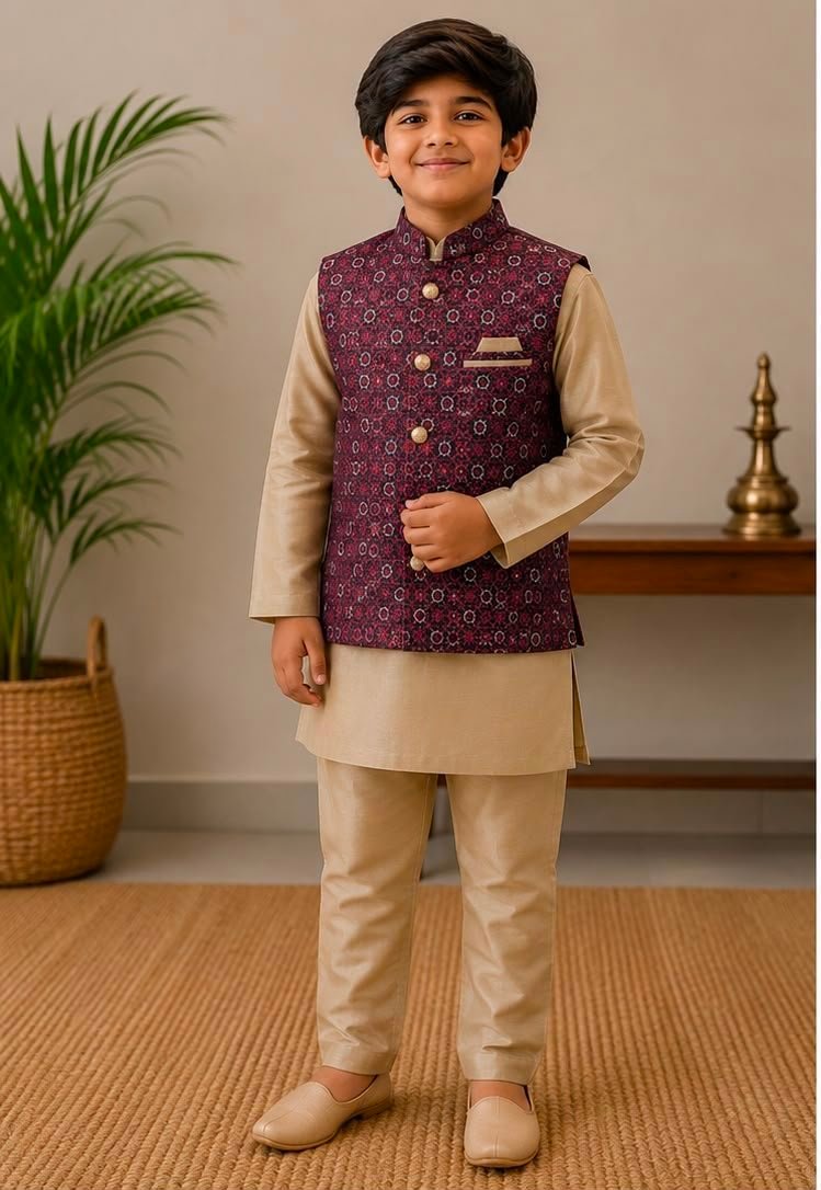 Boys Kurta, Pants & Printed Nehru Jacket set - Image 2