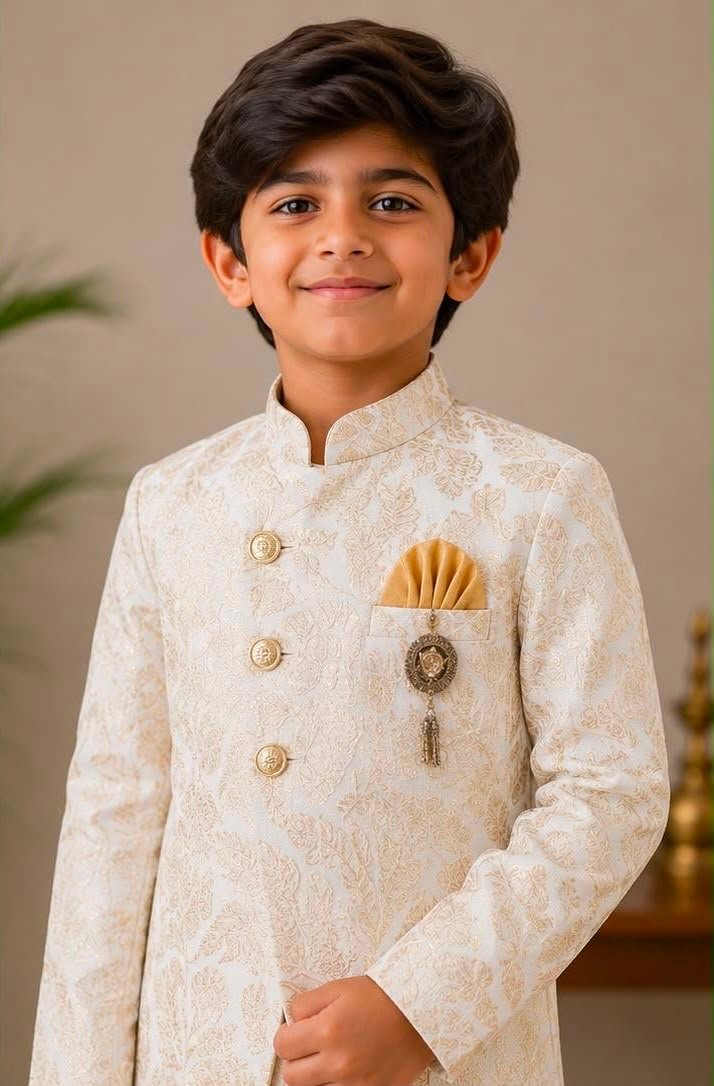 Boys Cream Jacquard Kurta,  Sherwani Jacket Set