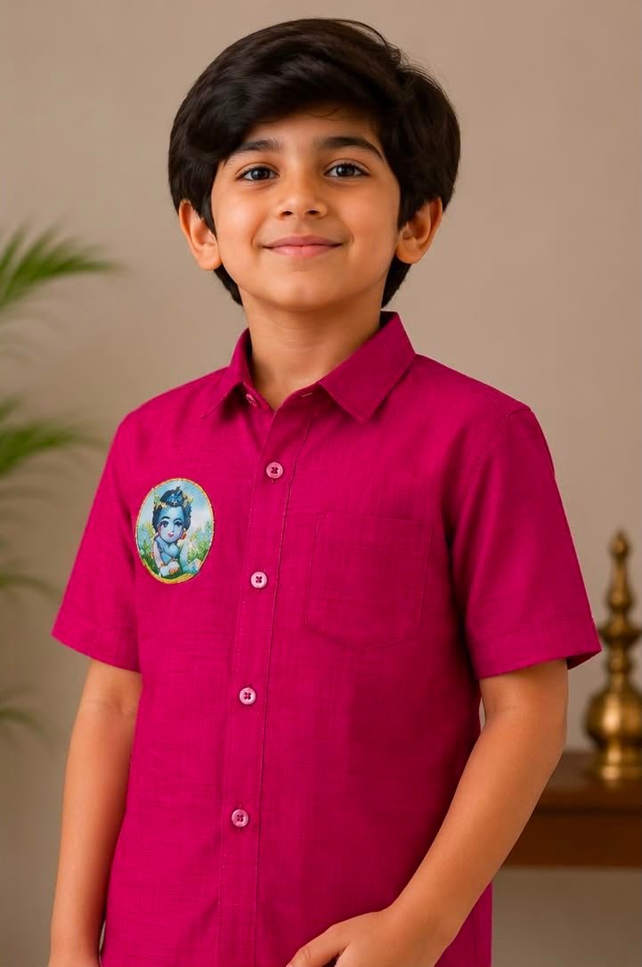 Boys Magenta Pink Textured Shirt & Stitched Dhoti Set - Image 2