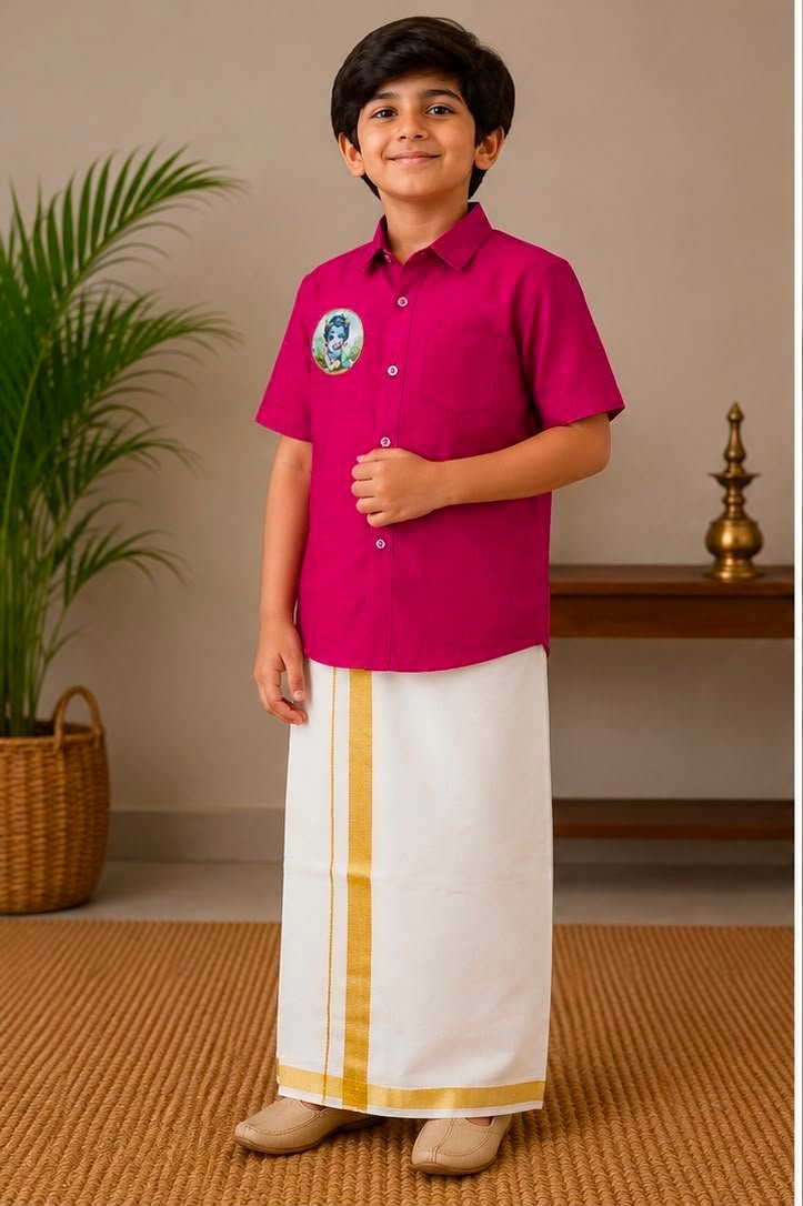 Boys Magenta Pink Textured Shirt & Stitched Dhoti Set