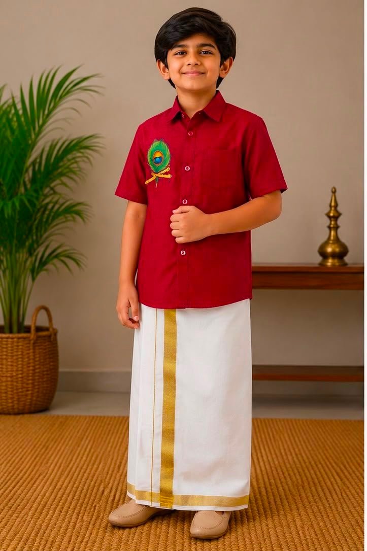 Boys Maroon Textured Shirt & Stitched Dhoti Set