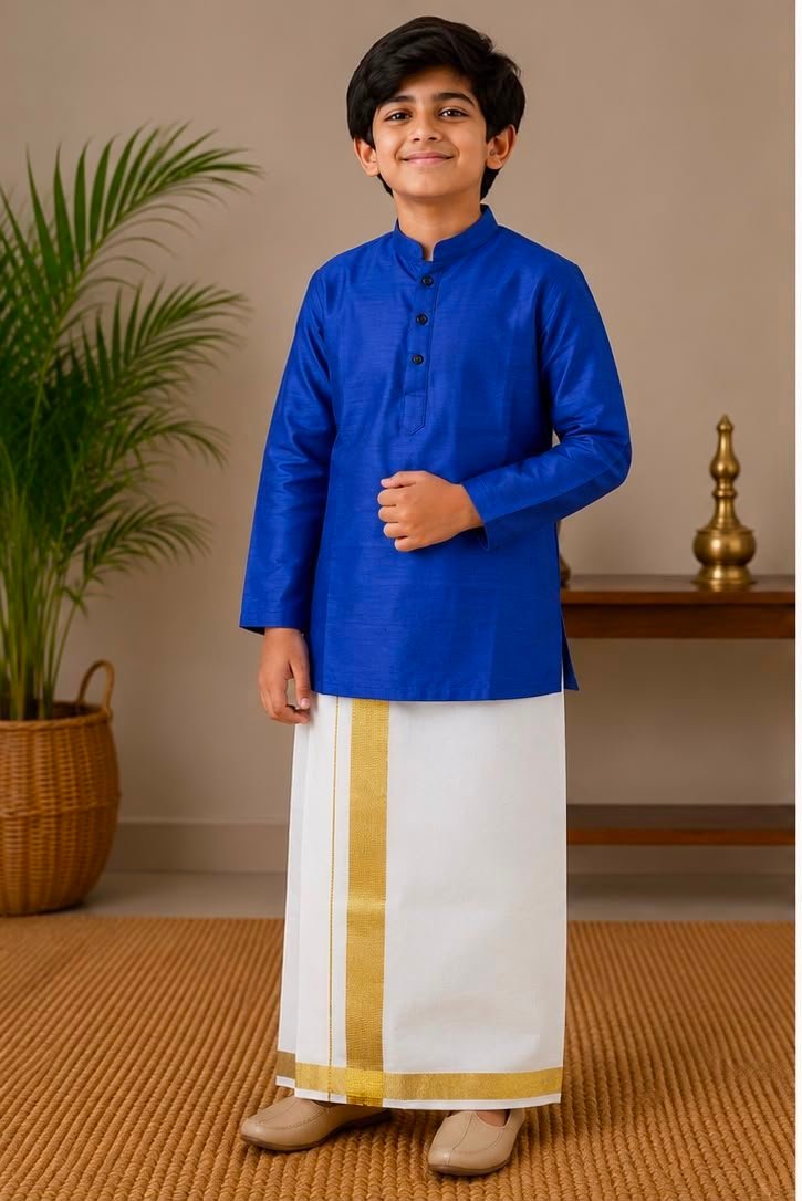Boys Royal Blue Kurta & Stitched Dhoti Set