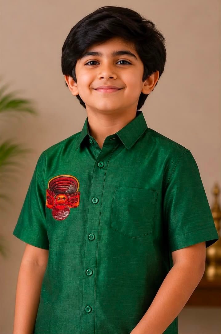 Boys Dark Green Textured Shirt & Stitched Dhoti Set - Image 2