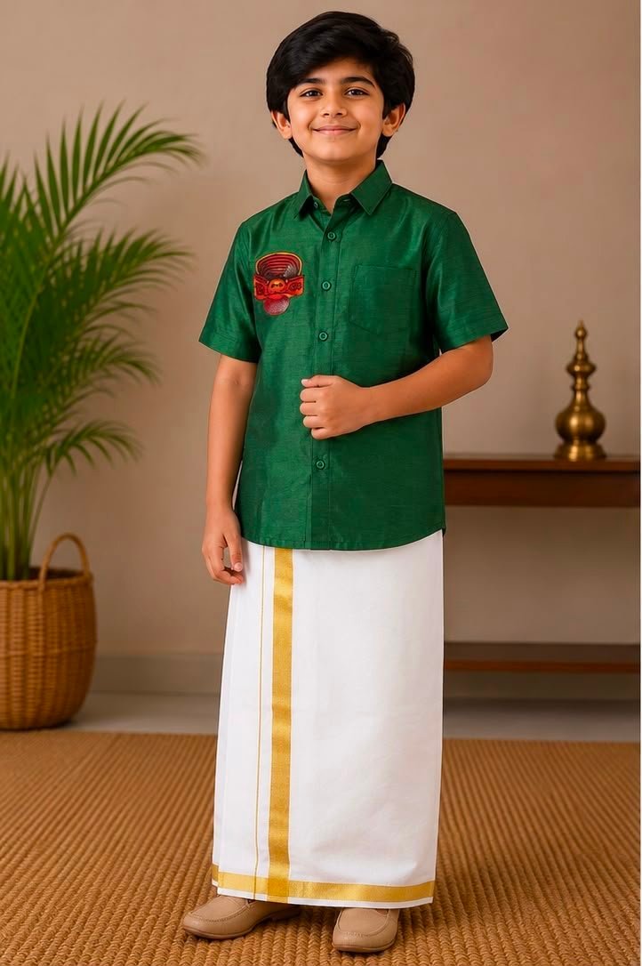 Boys Dark Green Textured Shirt & Stitched Dhoti Set