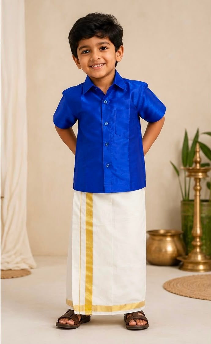 Boys Royal Blue Solid Shirt & Stitched Dhoti Set