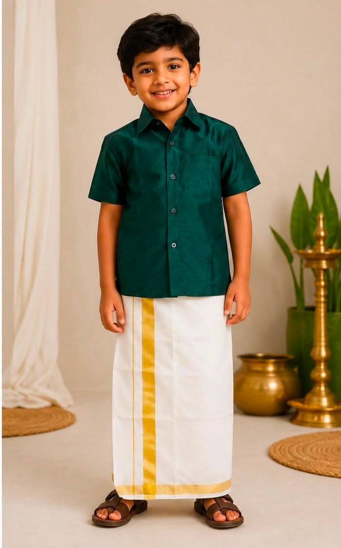 Boys Dark Green Solid Shirt & Ready to Wear Dhoti Set - Image 2