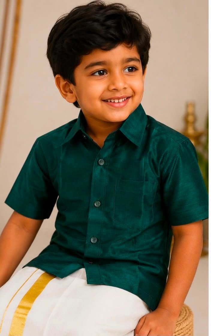 Boys Dark Green Solid Shirt & Ready to Wear Dhoti Set