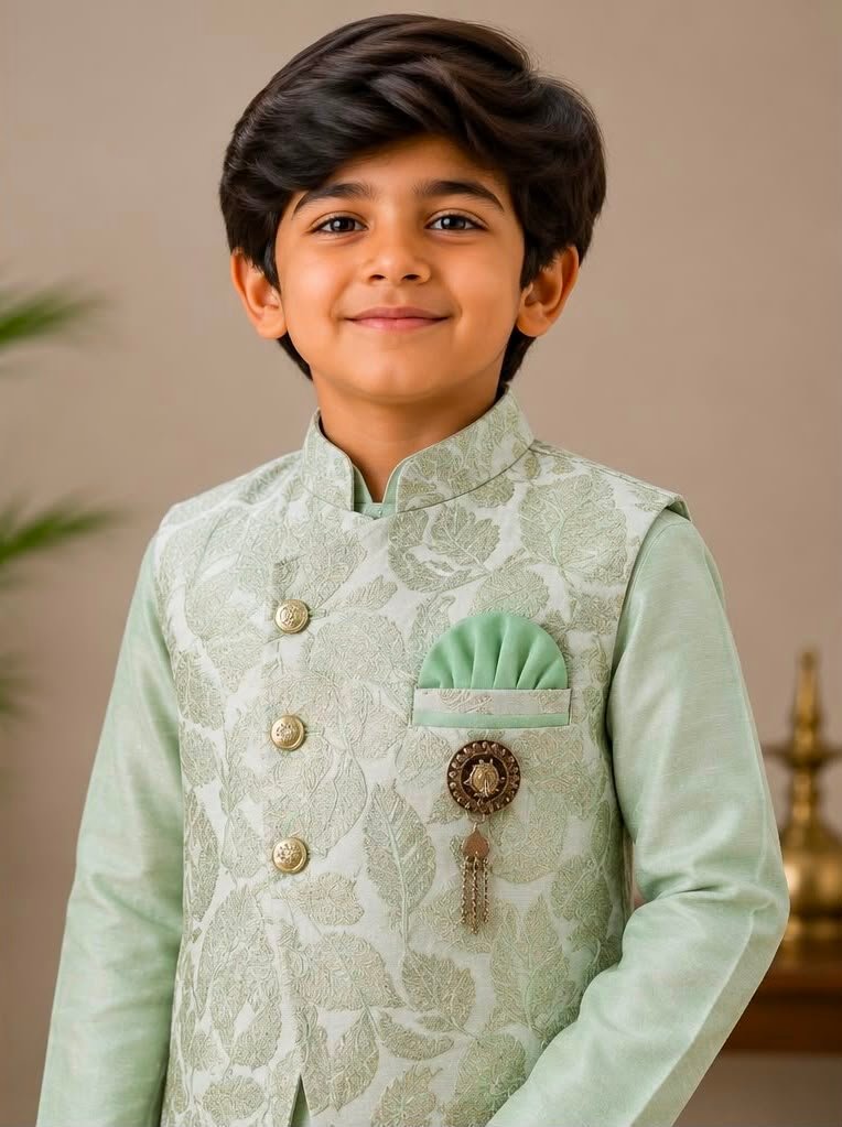 Boys Sage Green Kurta, White Pants & Jacquard Nehru Jacket Set