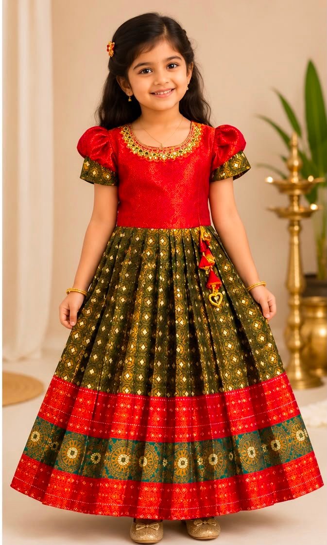 Girls Red & Olive Green Traditional Pattu  Frock