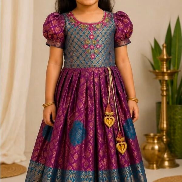 Girls Purple & Blue Silk Brocade Pattu Frock
