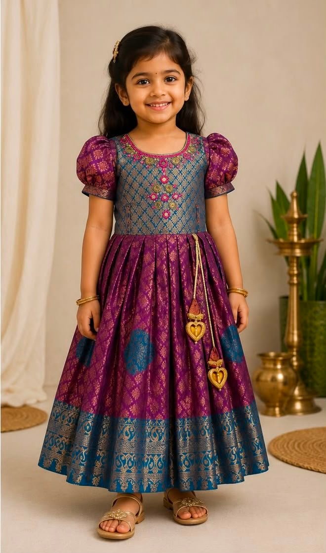 Girls Purple & Blue Silk Brocade Pattu Frock