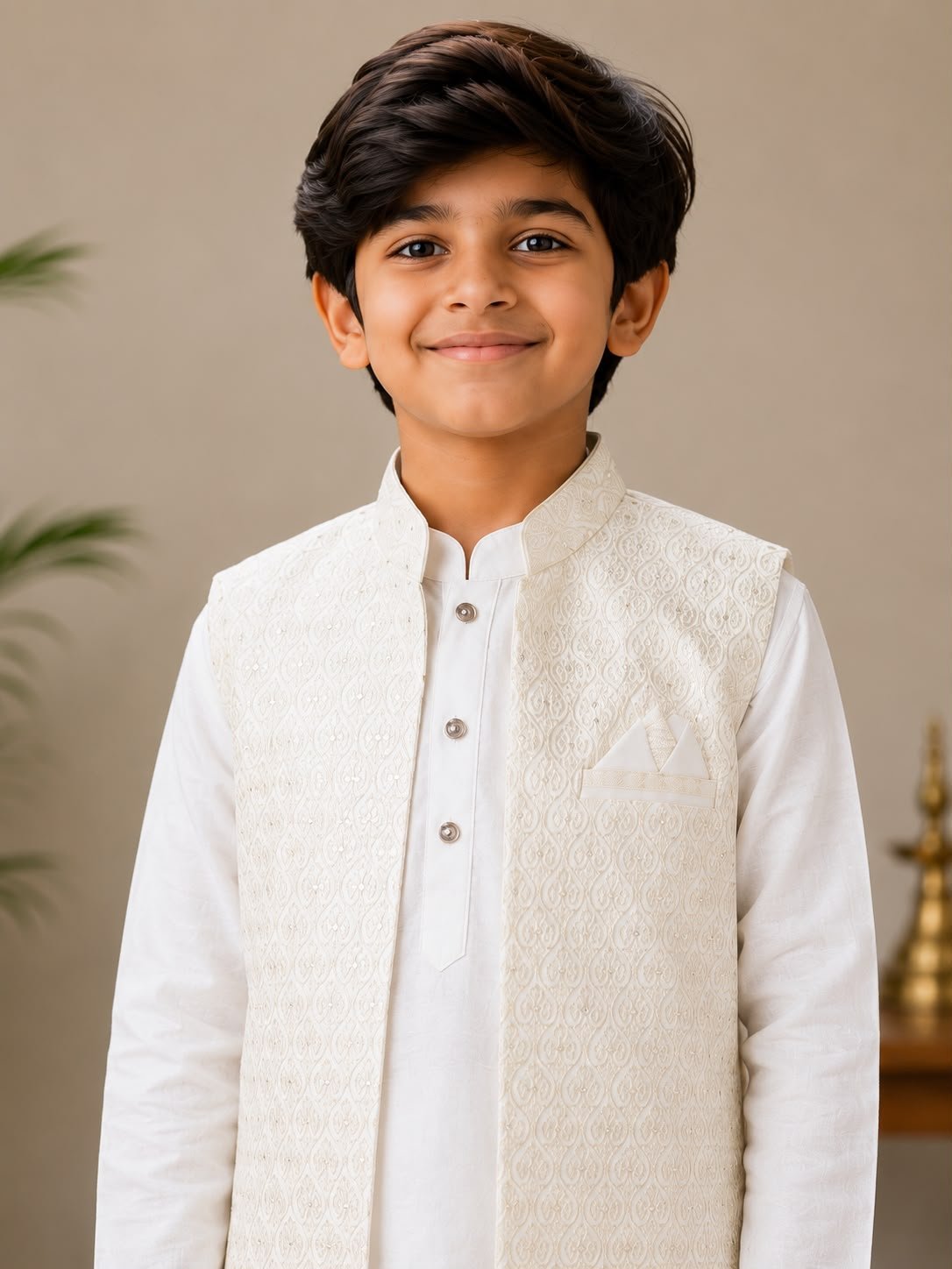 Boys Off-White Kurta, Pants & Embroidered Nehru Jacket Set