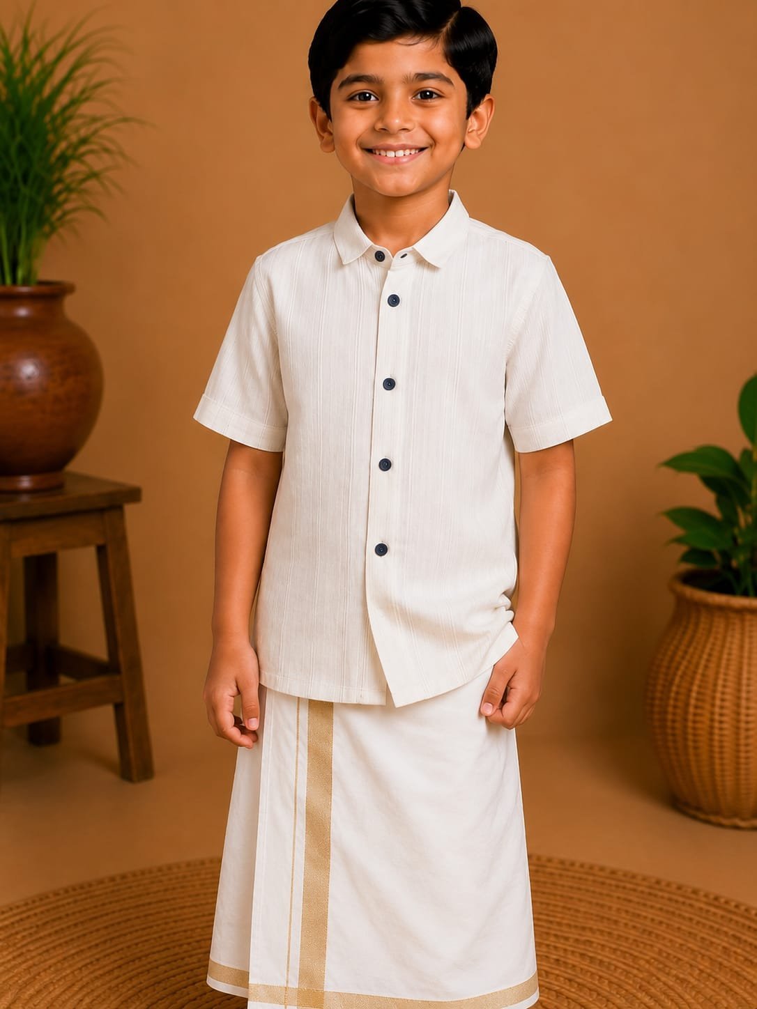 Boys Off-White Textured Shirt & Ready to wear Dhoti Set