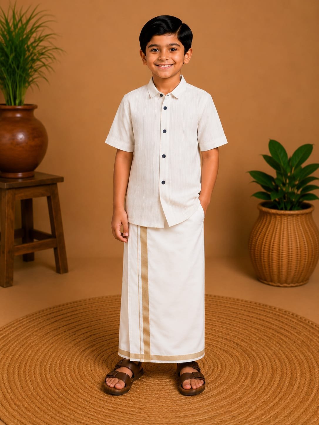 Boys Off-White Textured Shirt & Ready to wear Dhoti Set - Image 2