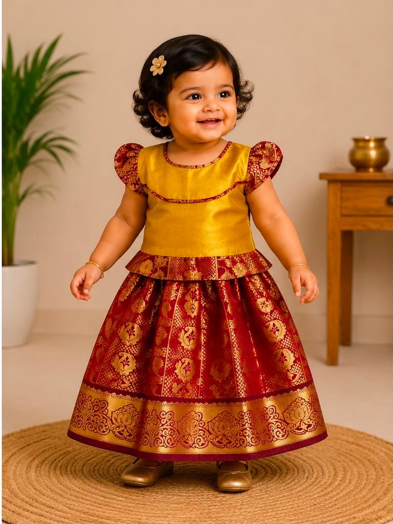 Vibrant golden & Maroon Silk Pattu Pavada