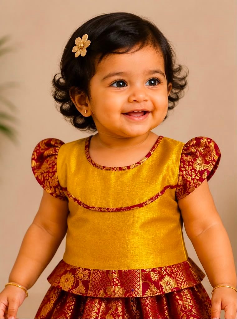 Vibrant golden & Maroon Silk Pattu Pavada - Image 2