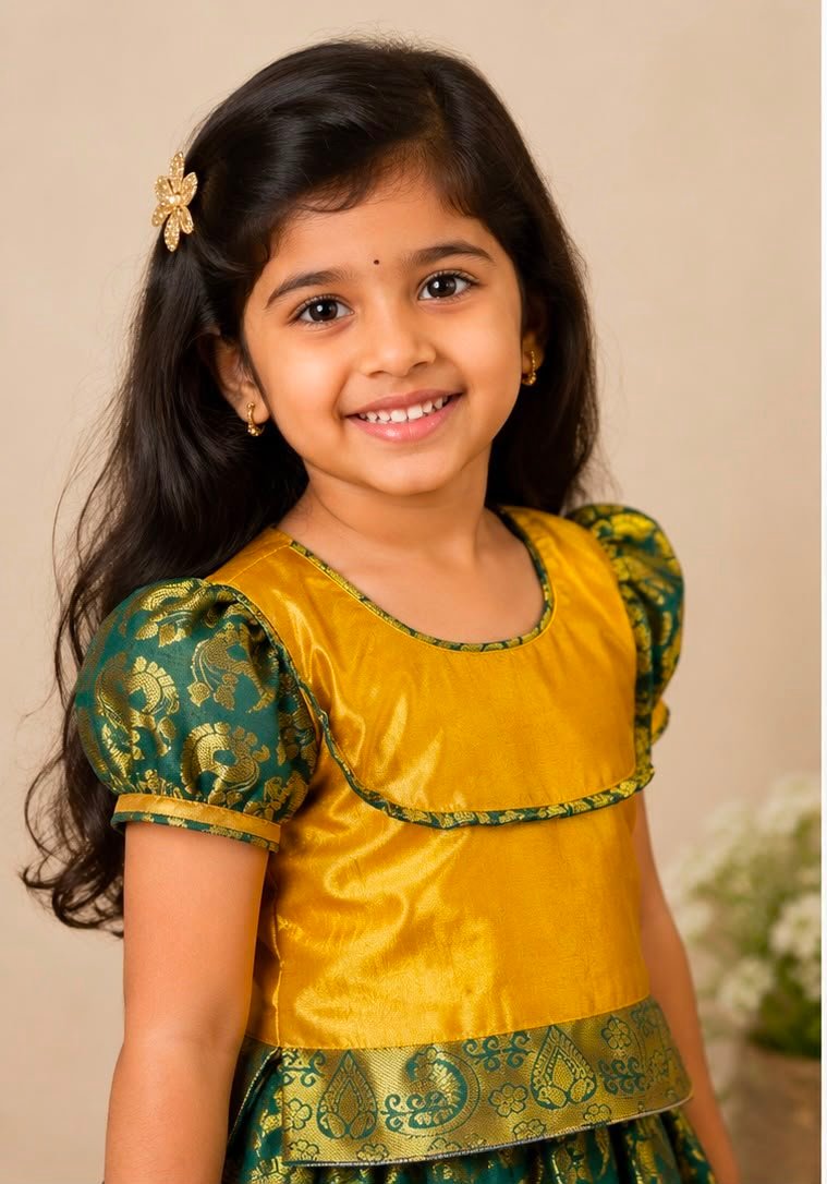 Vibrant Mustard Yellow & Bottle Green Pattu Pavada Set