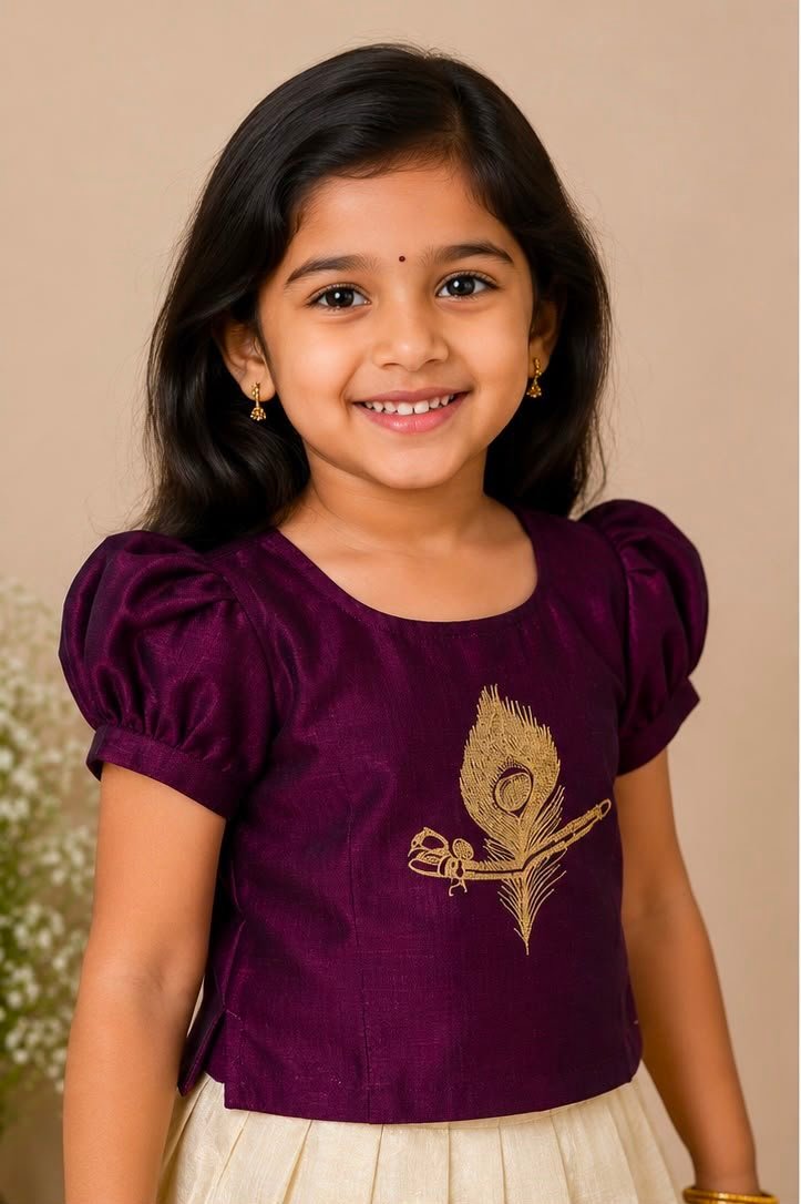 Meroon Peacock Feather & Cream Pattu Pavada Set