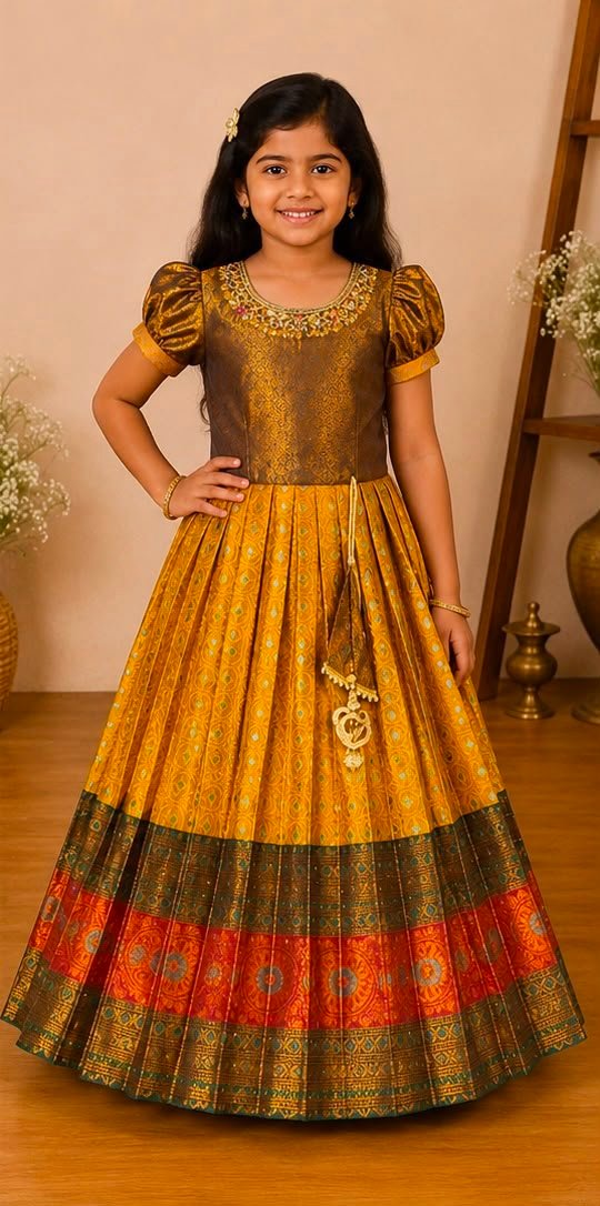 Copper Bronze & Mustard Yellow Traditional Pattu Frock