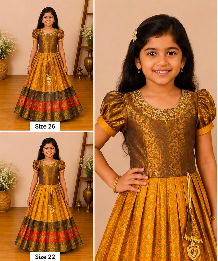 Copper Bronze & Mustard Yellow Traditional Pattu Frock - Image 2