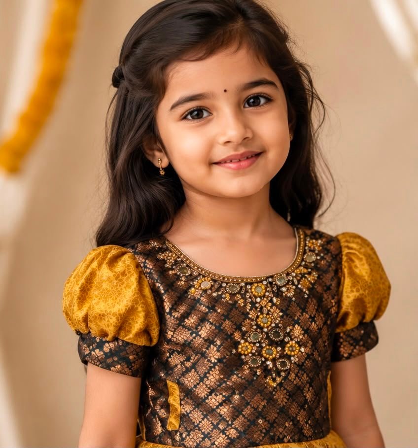 Dark Green & Mustard Yellow Traditional Pattu Frock