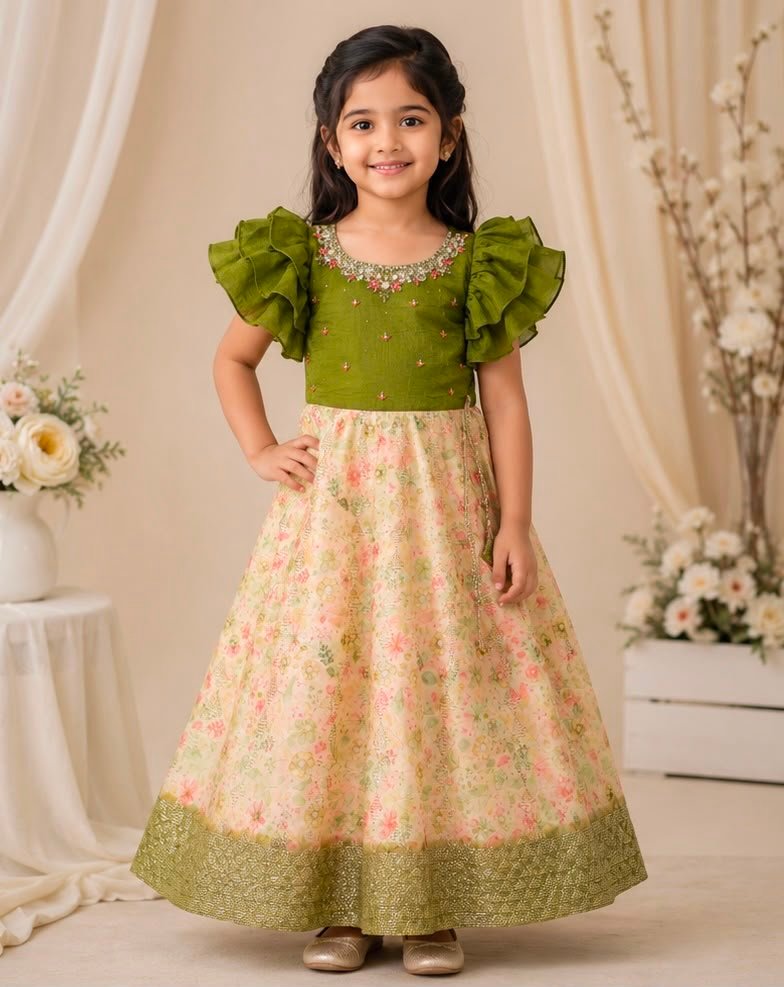Olive Green & Peach Floral Indo-Western Ruffle Frock - Image 2
