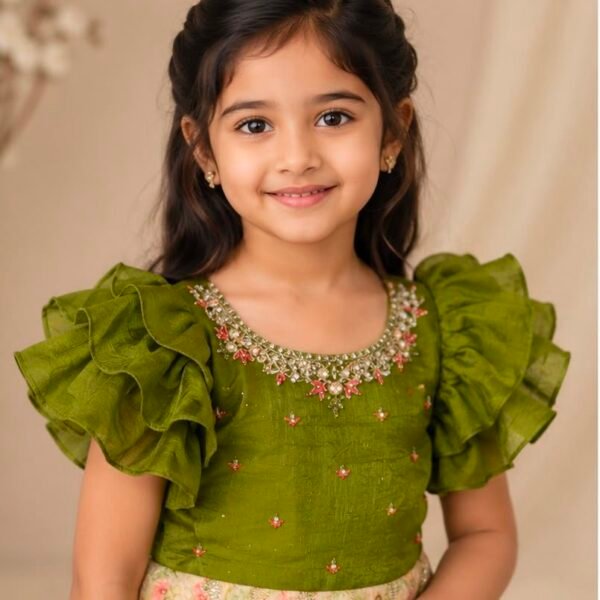 Olive Green & Peach Floral Indo-Western Ruffle Frock