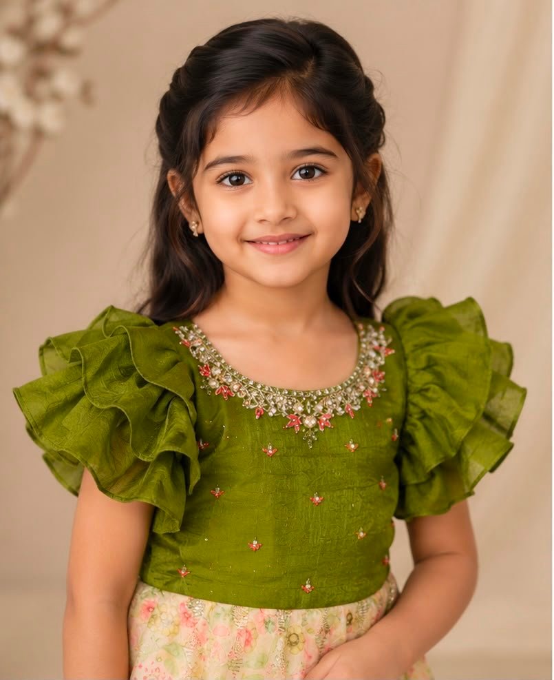 Olive Green & Peach Floral Indo-Western Ruffle Frock