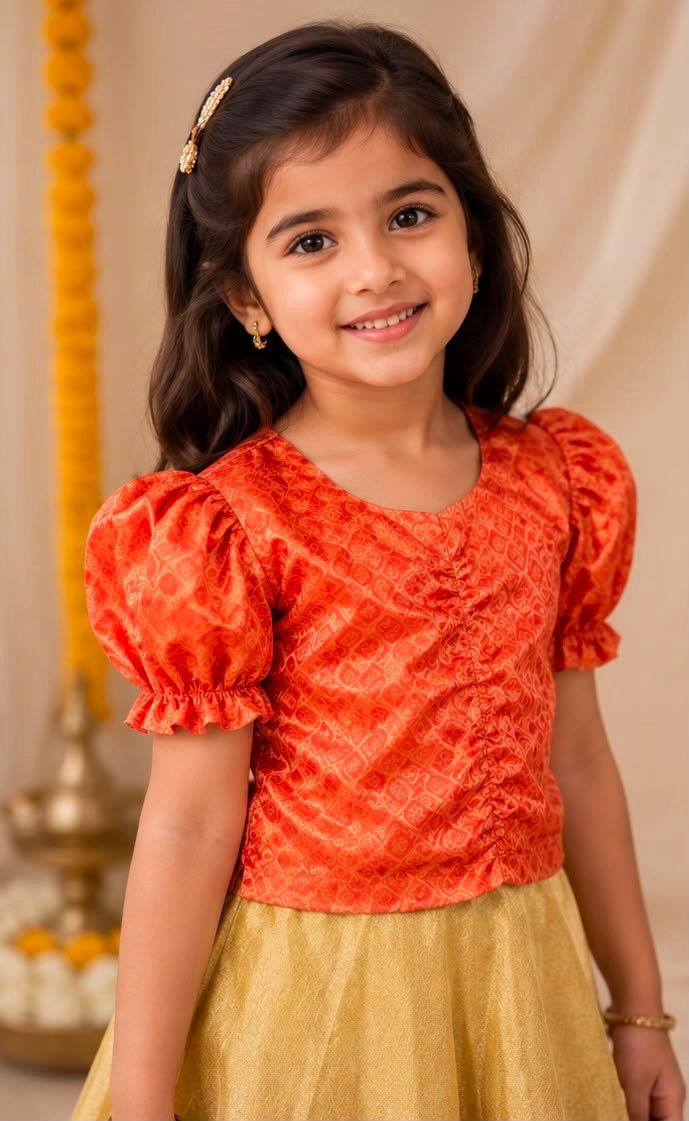 Peach-Orange & Shimmering Gold  Skirt and Blouse Set