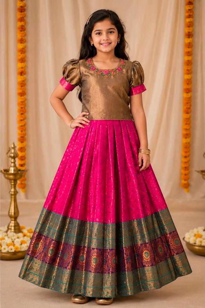 Antique Gold & Magenta PinkĀ Skirt and Blouse Set - Image 2