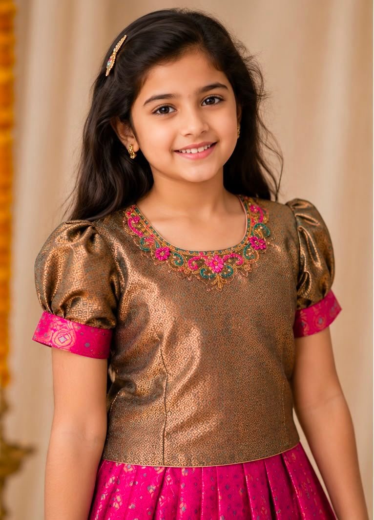 Antique Gold & Magenta Pink  Skirt and Blouse Set