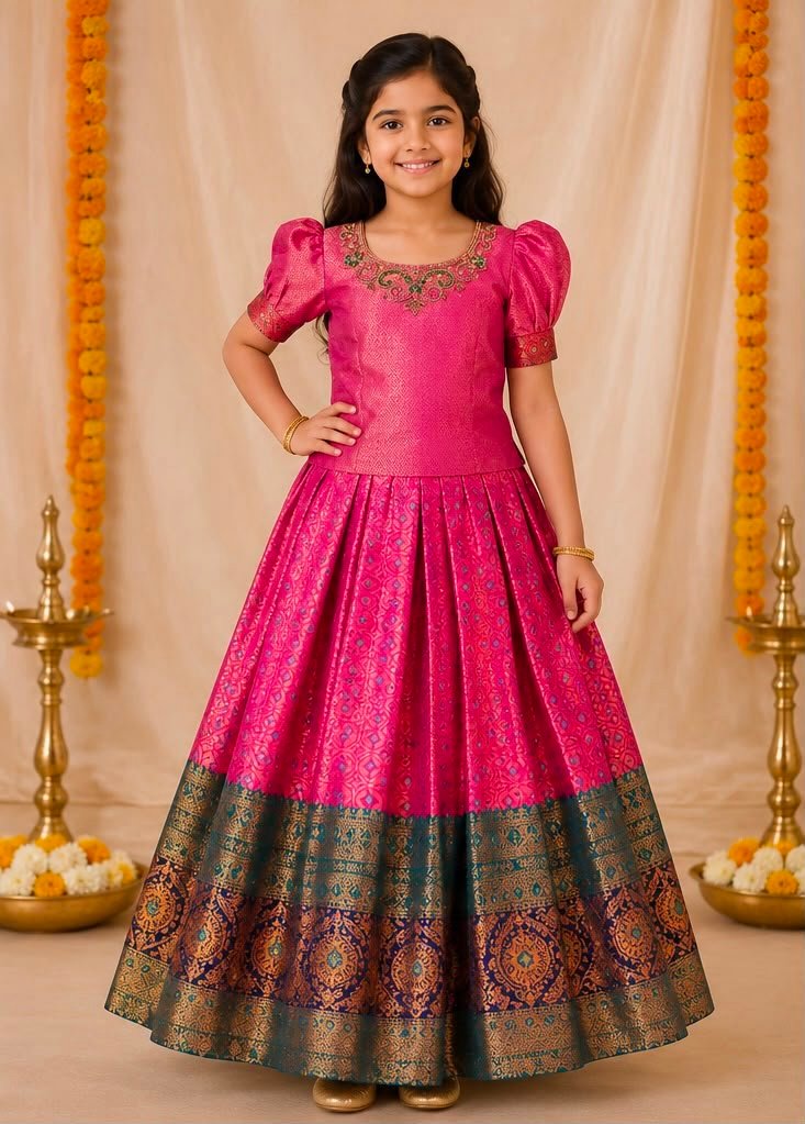 Magenta Pink & Teal Blue Silk Skirt and Blouse Set - Image 2