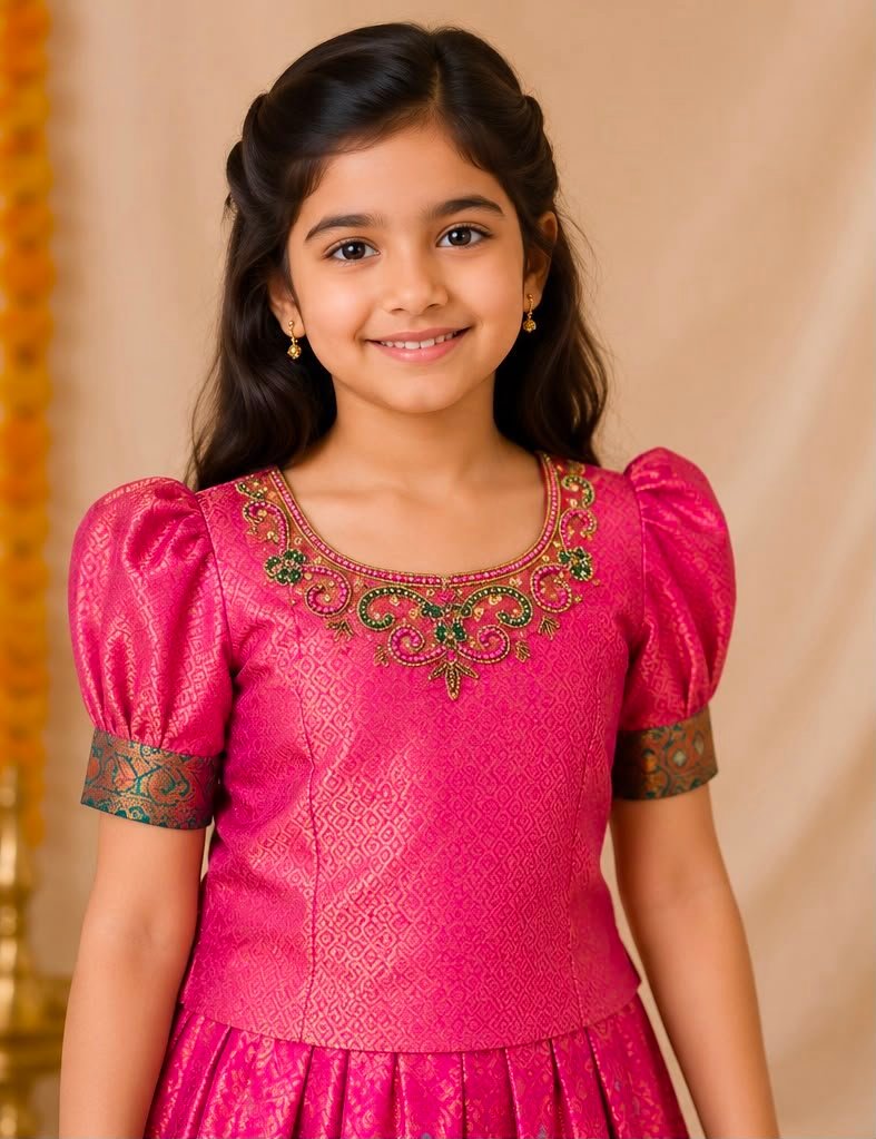 Magenta Pink & Teal Blue Silk Skirt and Blouse Set