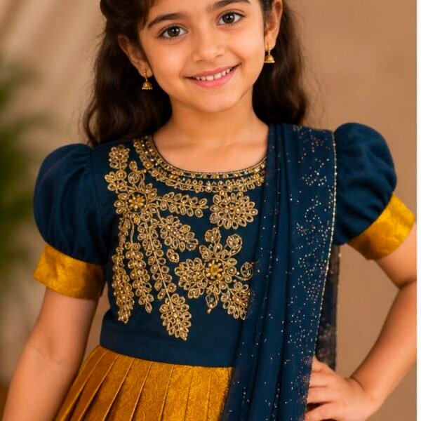 Royal Navy Blue & Mustard Yellow Traditional Pattu Frock