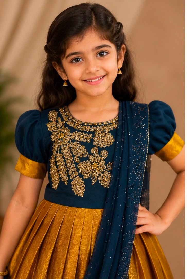Royal Navy Blue & Mustard Yellow Traditional Pattu Frock