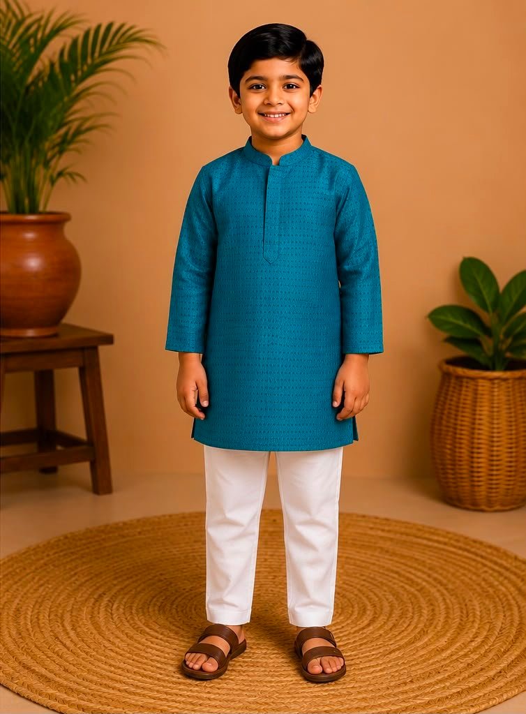 Teal Blue Textured Ethnic Kurta