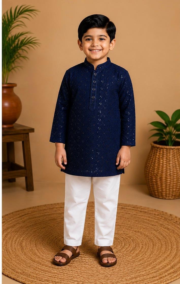 Navy Blue Embroidered Kurta & Pants Set