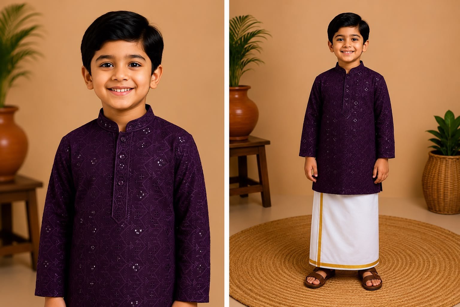 Boys Deep Purple Embroidered Kurta & Stitched Dhoti Set