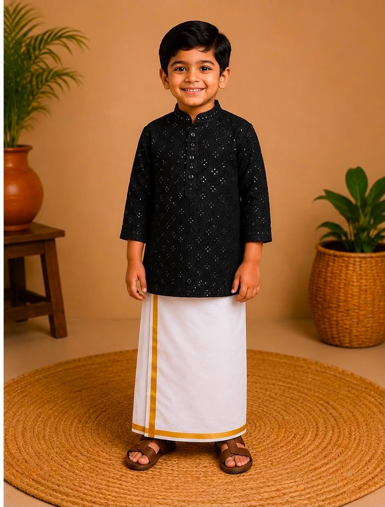 Black Embroidered Kurta & Stitched Dhoti Set