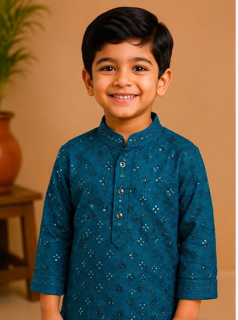 Teal Blue Embroidered Kurta & Stitched Dhoti Set