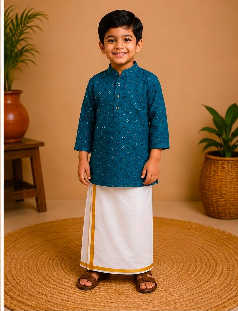 Teal Blue Embroidered Kurta & Stitched Dhoti Set - Image 2