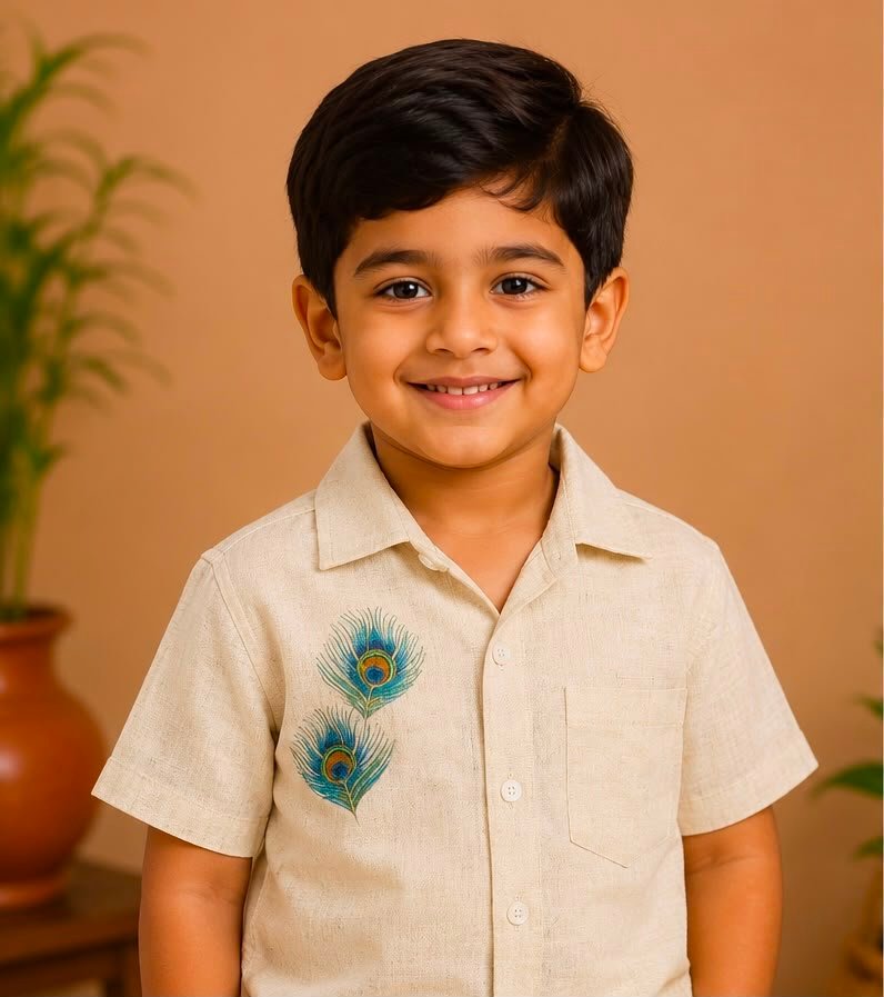 Cream Twin Peacock Feather Shirt & Stitched Dhoti Set