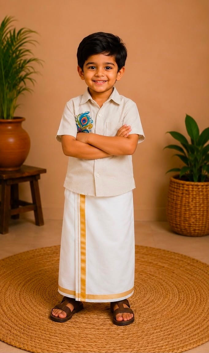 Cream Peacock Feather Print Short Sleeve Shirt and Dhoti