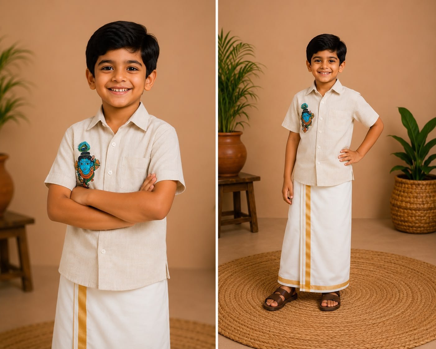 Krishna Print Short Sleeve cream Shirt and Ready to wear Dhoti