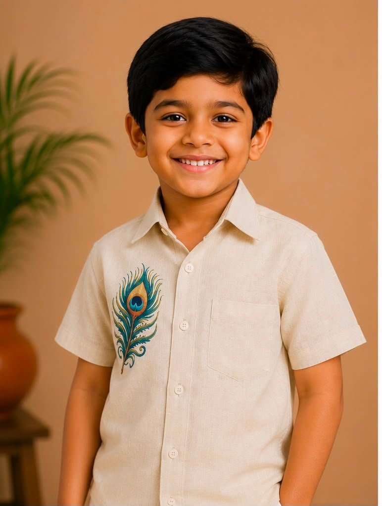 Boys Cream Peacock Feather Shirt & Traditional Ready to Wear Dhoti Set