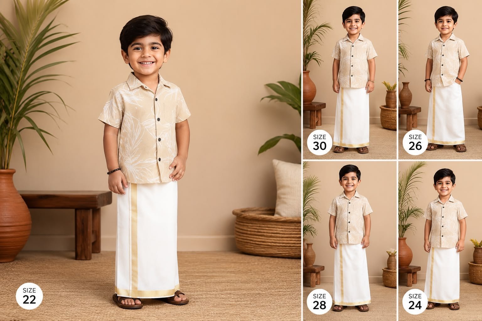 Beige Floral Shirt & Traditional Dhoti Set