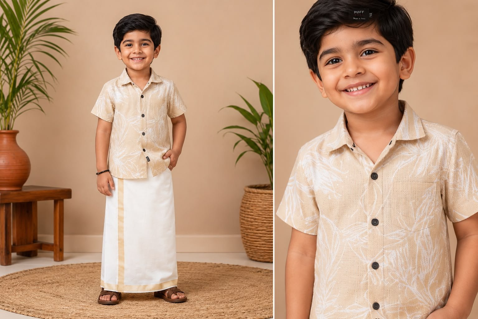 Beige Floral Shirt & Traditional Dhoti Set - Image 2
