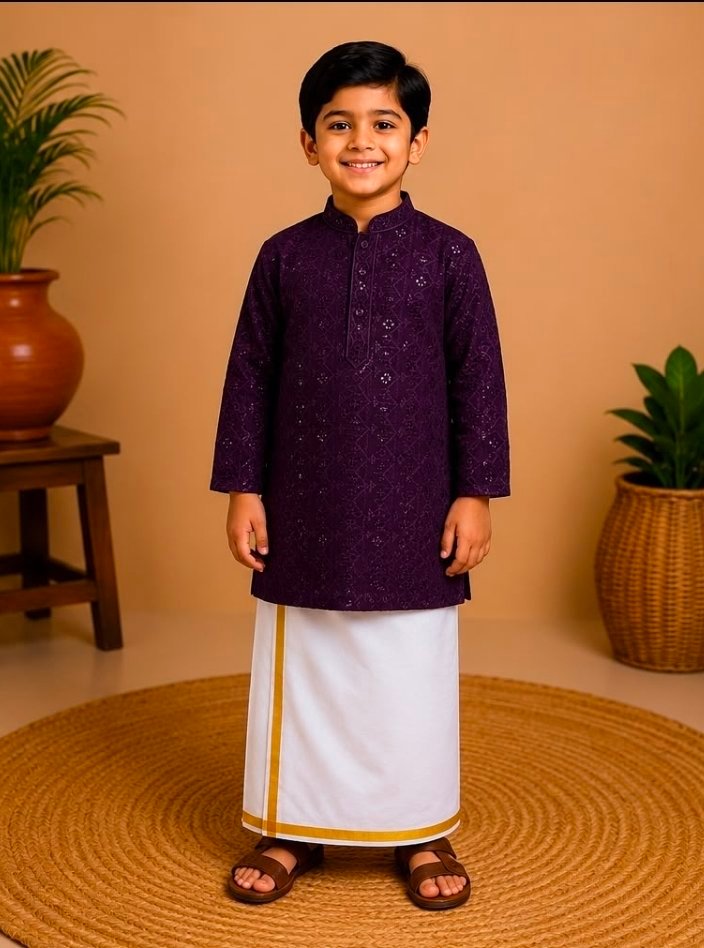 Boys Deep Purple Embroidered Kurta & Stitched Dhoti Set - Image 2