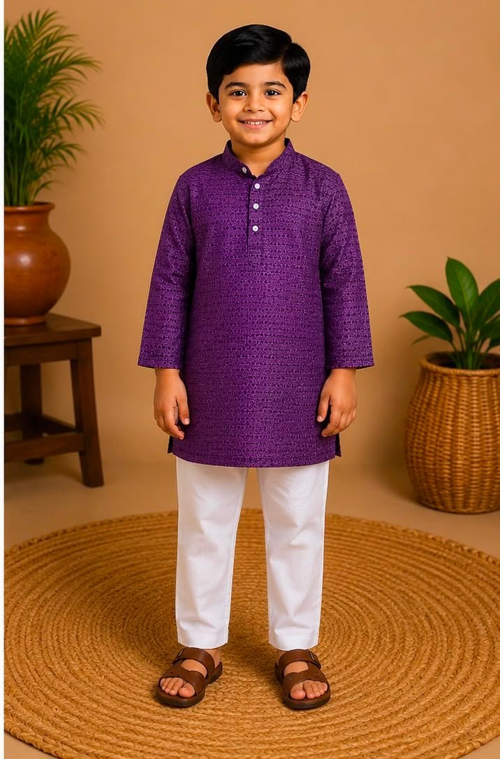 Purple Textured Kurta & Pants Set
