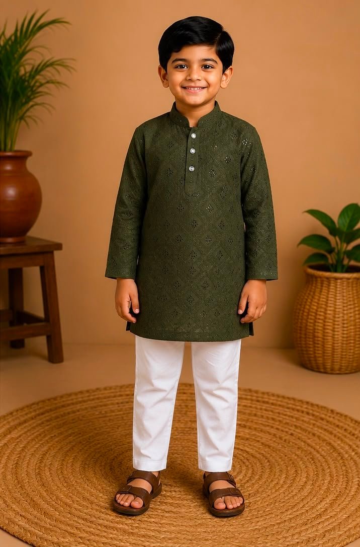 Olive Green Embroidered Kurta & Pants Set - Image 2